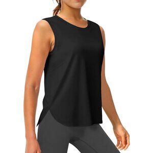 Women Black Silk Workout Tank Tops Sleeveless Athletic Long Running Yoga Shirt